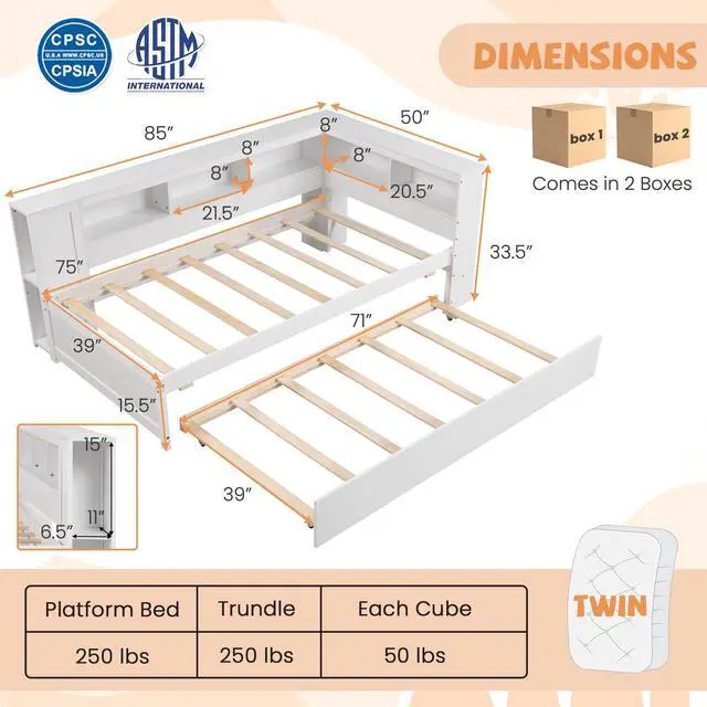 Alt view image 4 of 7 - SlickBlue Twin Size Daybed Platform Bed Frame with Trundle and Bedside Shelves-White