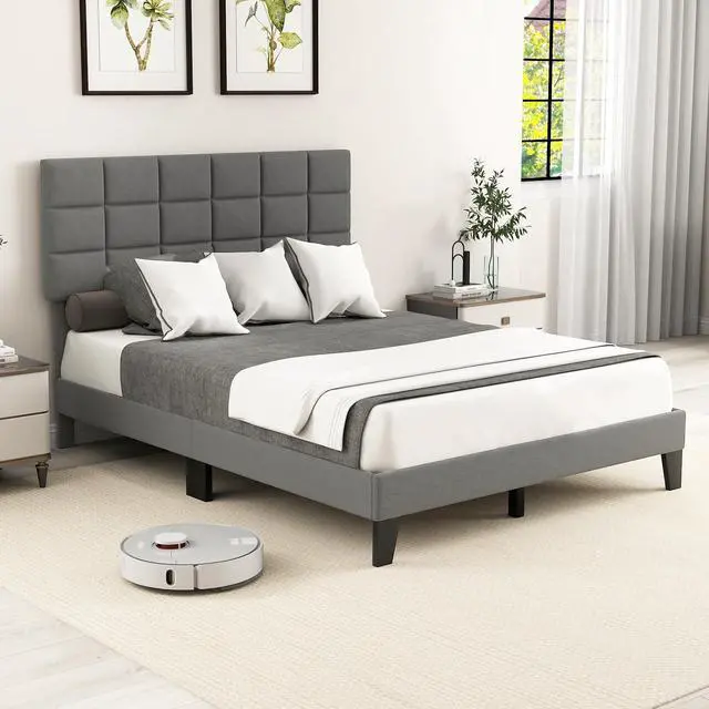 Alt view image 2 of 7 - SlickBlue Queen Size Modern Linen Bed Frame with Adjustable Headboard-Gray