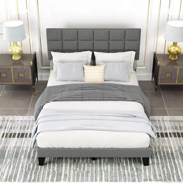 Alt view image 3 of 7 - SlickBlue Queen Size Modern Linen Bed Frame with Adjustable Headboard-Gray