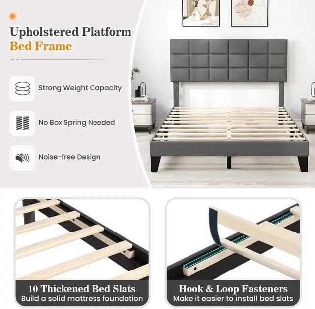 Alt view image 5 of 7 - SlickBlue Queen Size Modern Linen Bed Frame with Adjustable Headboard-Gray