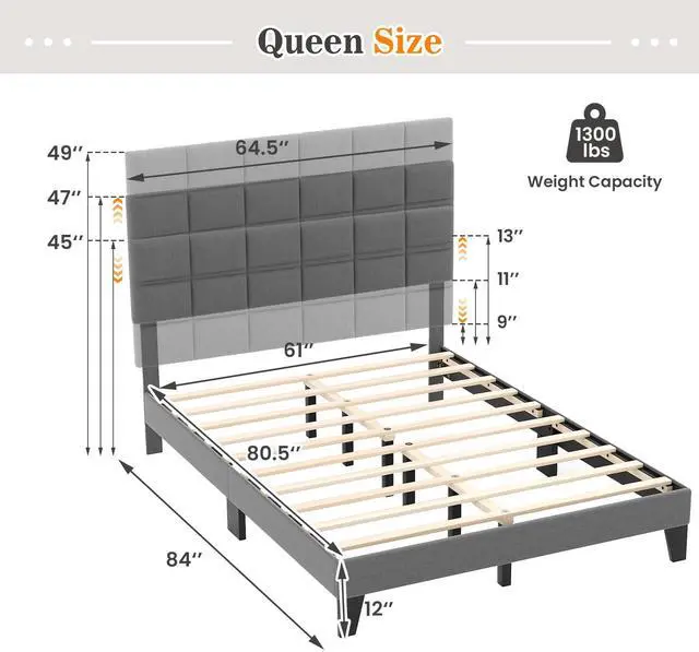 Alt view image 4 of 7 - SlickBlue Queen Size Modern Linen Bed Frame with Adjustable Headboard-Gray