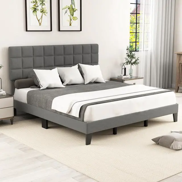 Alt view image 2 of 7 - SlickBlue King Size Modern Linen Bed Frame with Adjustable Headboard-Gray