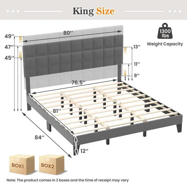 Alt view image 4 of 7 - SlickBlue King Size Modern Linen Bed Frame with Adjustable Headboard-Gray