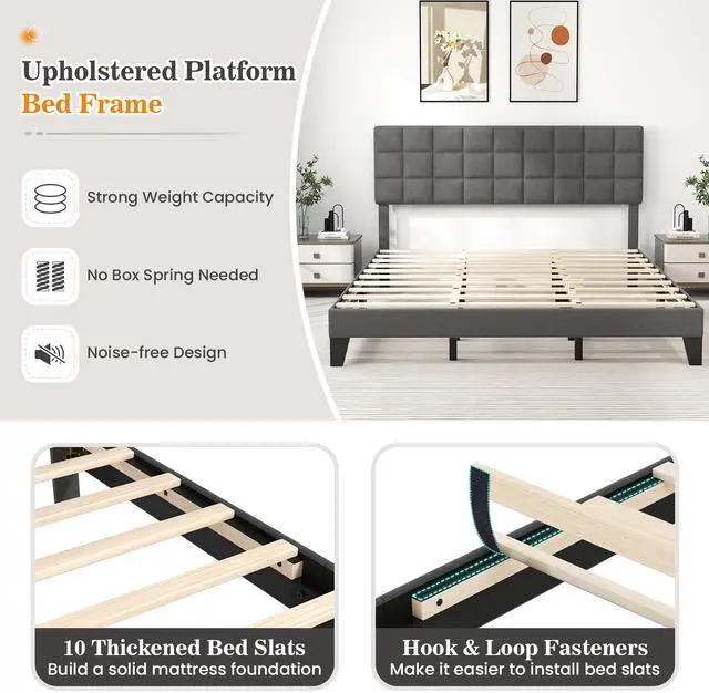 Alt view image 5 of 7 - SlickBlue King Size Modern Linen Bed Frame with Adjustable Headboard-Gray