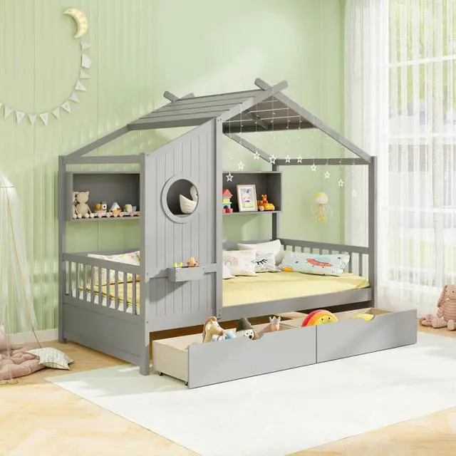 Alt view image 3 of 7 - SlickBlue Twin Size House Bed with 2 Storage Drawers and Fence Guardrails-Gray