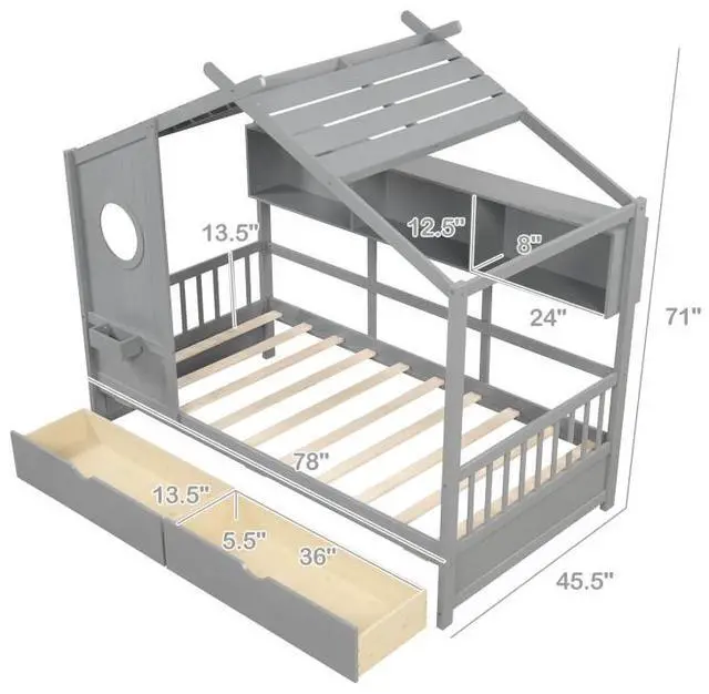 Alt view image 4 of 7 - SlickBlue Twin Size House Bed with 2 Storage Drawers and Fence Guardrails-Gray
