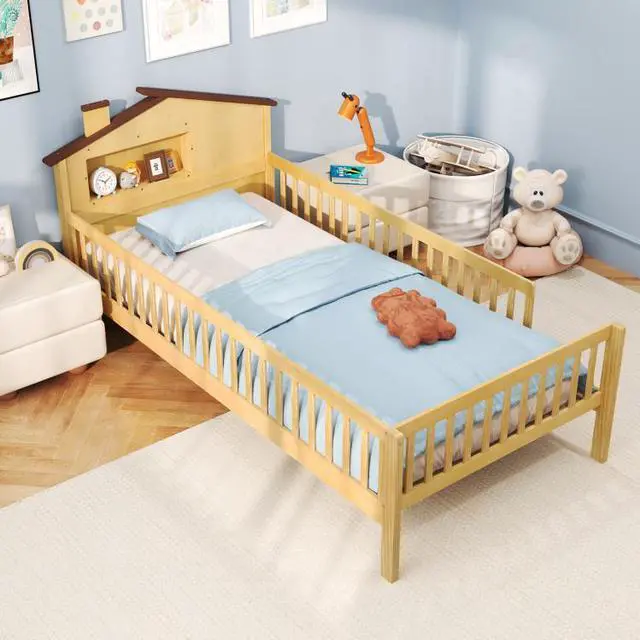 Alt view image 2 of 7 - SlickBlue Twin Size Kids Montessori Bed with House-Shaped Headboard and Built-in Storage Shelf-Natural
