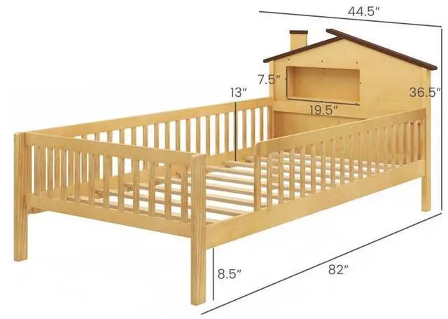 Alt view image 3 of 7 - SlickBlue Twin Size Kids Montessori Bed with House-Shaped Headboard and Built-in Storage Shelf-Natural
