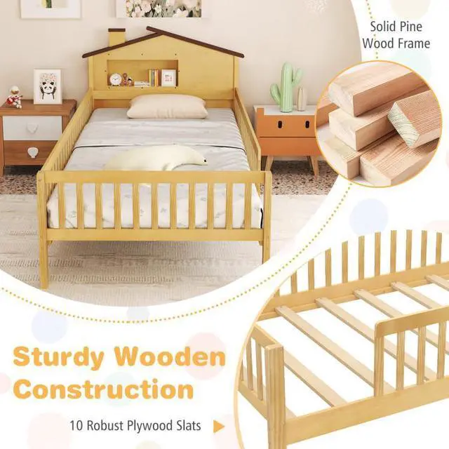 Alt view image 6 of 7 - SlickBlue Twin Size Kids Montessori Bed with House-Shaped Headboard and Built-in Storage Shelf-Natural