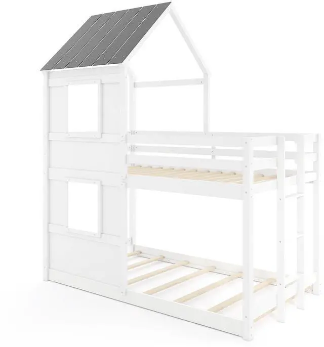 Main image of SlickBlue Wooden  Twin Over Twin Bunk Bed with Full-length Safety Guardrail and Ladder-White and Gray