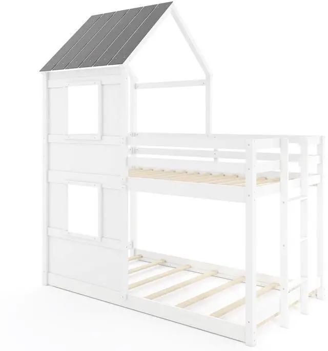 Alt view image 4 of 7 - SlickBlue Wooden  Twin Over Twin Bunk Bed with Full-length Safety Guardrail and Ladder-White and Gray