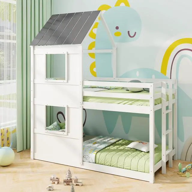 Alt view image 2 of 7 - SlickBlue Wooden  Twin Over Twin Bunk Bed with Full-length Safety Guardrail and Ladder-White and Gray