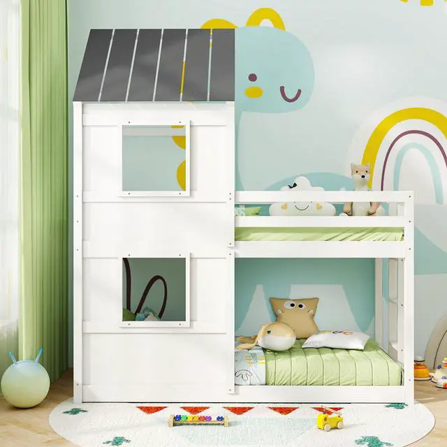 Alt view image 3 of 7 - SlickBlue Wooden  Twin Over Twin Bunk Bed with Full-length Safety Guardrail and Ladder-White and Gray