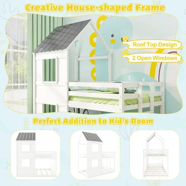 Alt view image 6 of 7 - SlickBlue Wooden  Twin Over Twin Bunk Bed with Full-length Safety Guardrail and Ladder-White and Gray