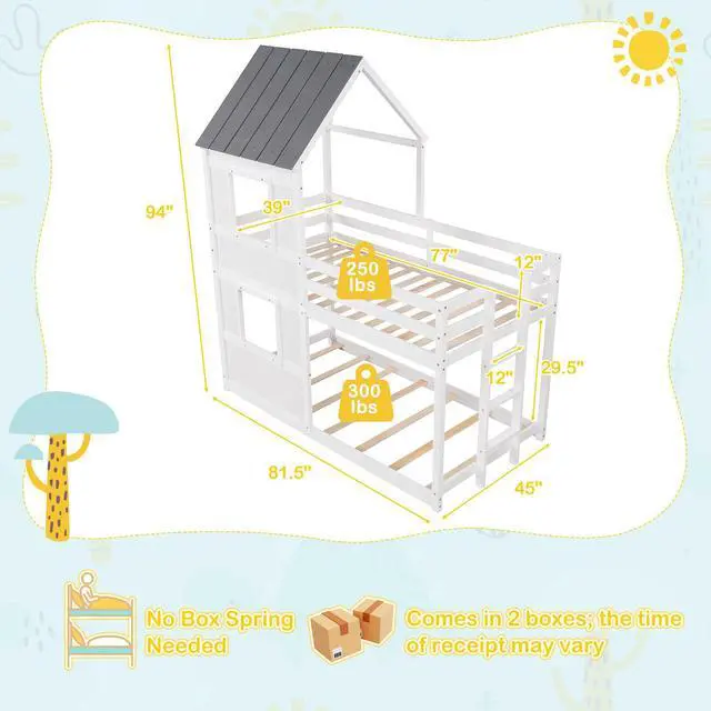 Alt view image 5 of 7 - SlickBlue Wooden  Twin Over Twin Bunk Bed with Full-length Safety Guardrail and Ladder-White and Gray