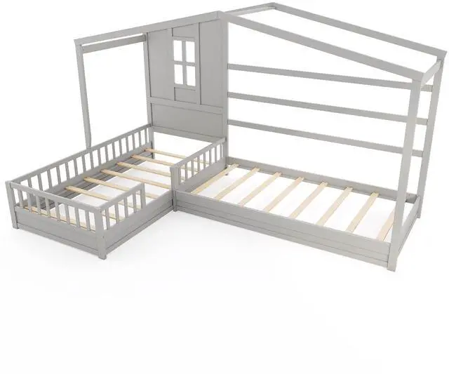 Main image of SlickBlue L-shaped Double Twin Beds House Platform Beds with Fences Corner Bed Frame-Gray