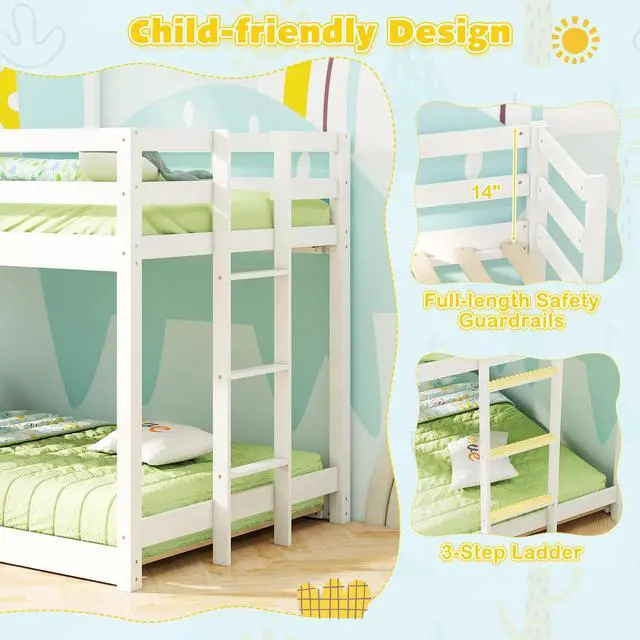 Alt view image 7 of 7 - SlickBlue Wooden  Twin Over Twin Bunk Bed with Full-length Safety Guardrail and Ladder-White and Gray