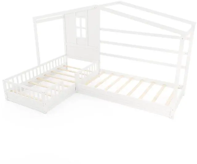 Main image of SlickBlue L-shaped Double Twin Beds House Platform Beds with Fences Corner Bed Frame-White