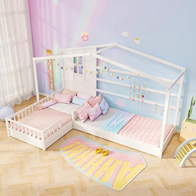 Alt view image 2 of 7 - SlickBlue L-shaped Double Twin Beds House Platform Beds with Fences Corner Bed Frame-White