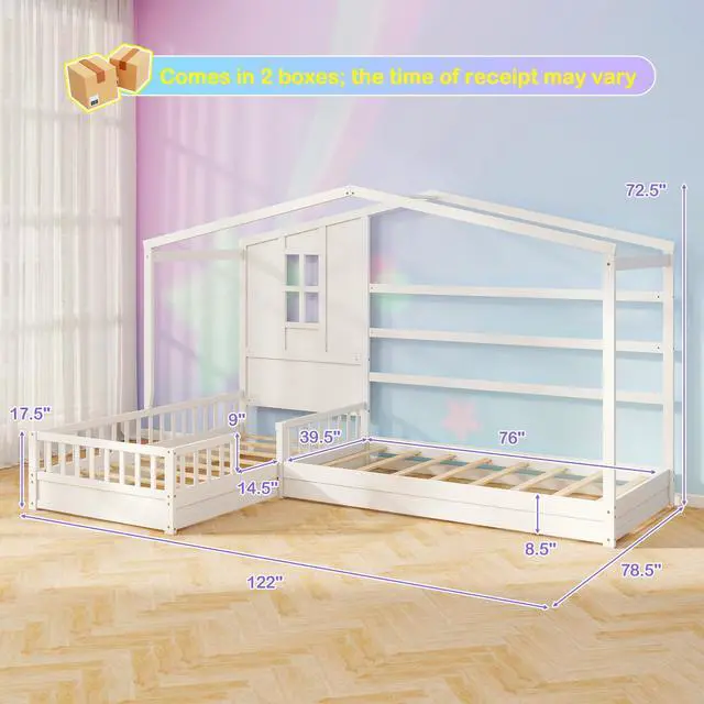 Alt view image 4 of 7 - SlickBlue L-shaped Double Twin Beds House Platform Beds with Fences Corner Bed Frame-White