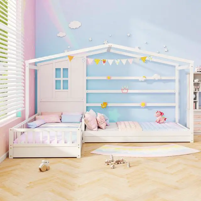 Alt view image 3 of 7 - SlickBlue L-shaped Double Twin Beds House Platform Beds with Fences Corner Bed Frame-White