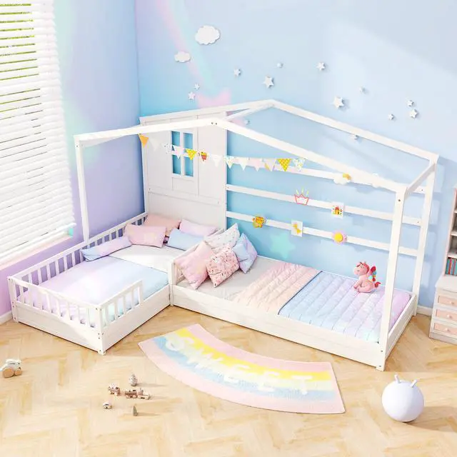 Alt view image 5 of 7 - SlickBlue L-shaped Double Twin Beds House Platform Beds with Fences Corner Bed Frame-White