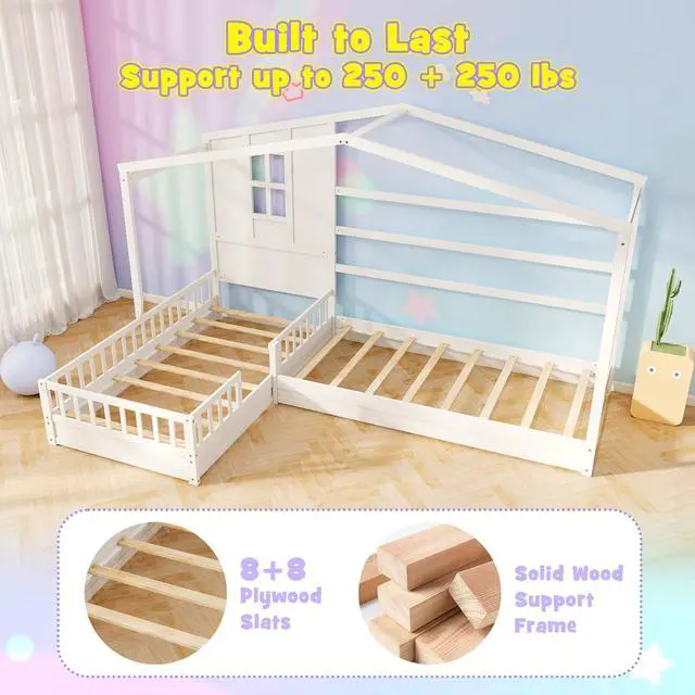 Alt view image 6 of 7 - SlickBlue L-shaped Double Twin Beds House Platform Beds with Fences Corner Bed Frame-White
