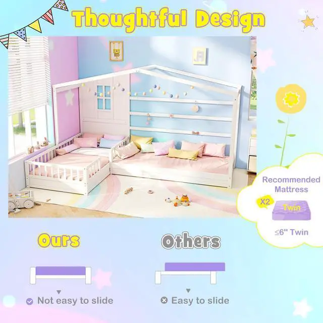 Alt view image 7 of 7 - SlickBlue L-shaped Double Twin Beds House Platform Beds with Fences Corner Bed Frame-White