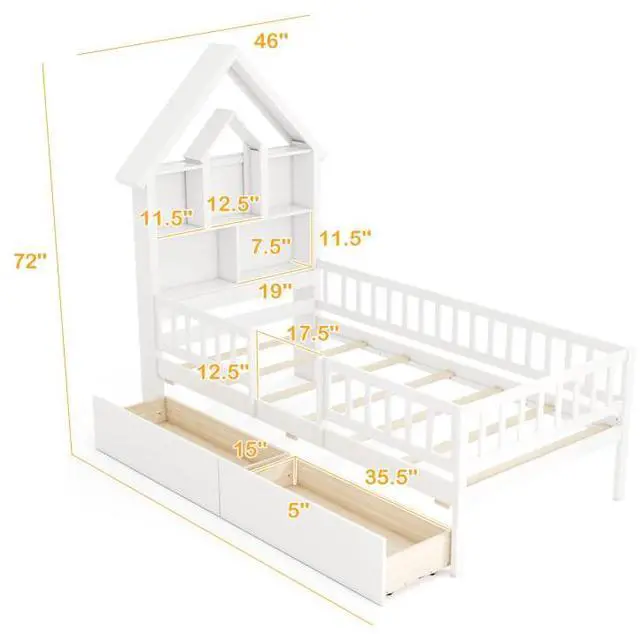Alt view image 3 of 7 - SlickBlue Twin Size House Bed Kids Montessori Bed with House-Shaped Storage Headboard-White