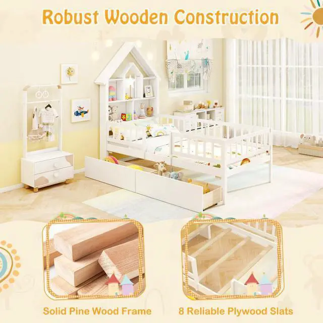 Alt view image 4 of 7 - SlickBlue Twin Size House Bed Kids Montessori Bed with House-Shaped Storage Headboard-White
