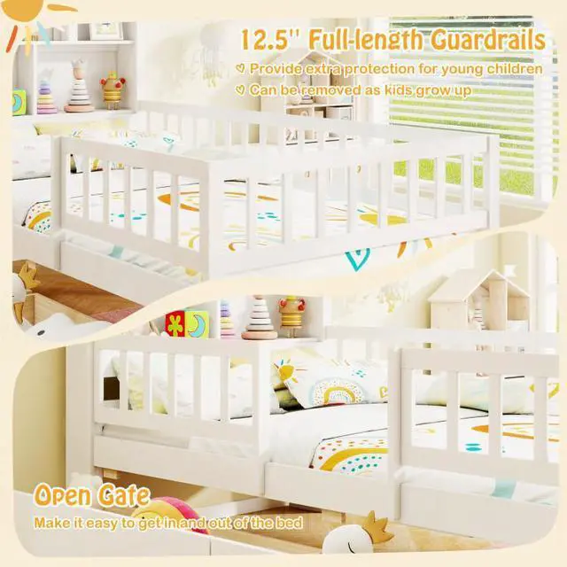 Alt view image 5 of 7 - SlickBlue Twin Size House Bed Kids Montessori Bed with House-Shaped Storage Headboard-White