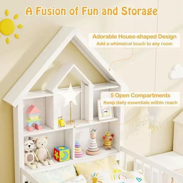 Alt view image 6 of 7 - SlickBlue Twin Size House Bed Kids Montessori Bed with House-Shaped Storage Headboard-White