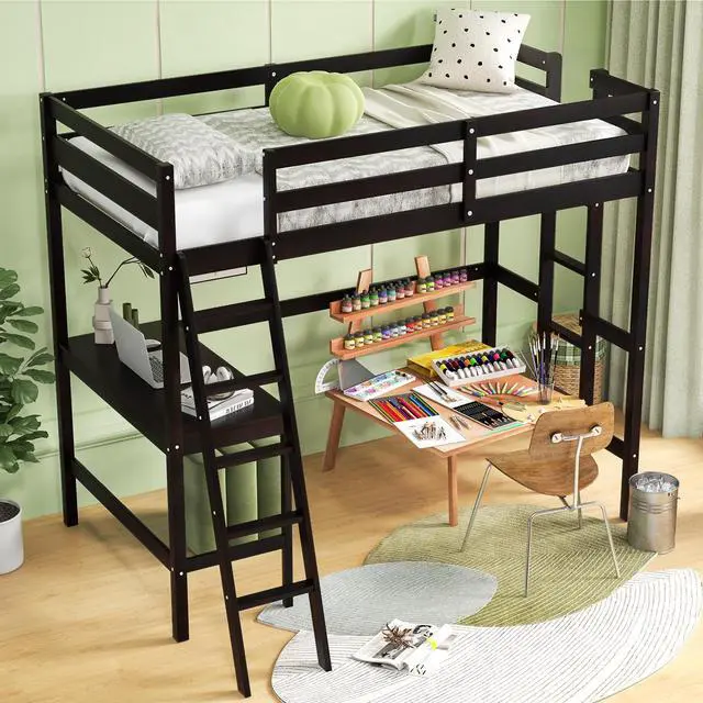 Alt view image 3 of 7 - SlickBlue Twin Size Loft Bed Frame with Desk Angled and Built-in Ladder-Espresso