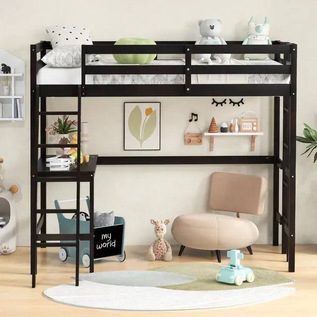 Alt view image 2 of 7 - SlickBlue Twin Size Loft Bed Frame with Desk Angled and Built-in Ladder-Espresso