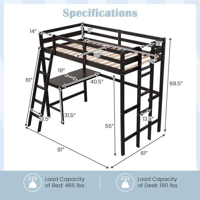 Alt view image 4 of 7 - SlickBlue Twin Size Loft Bed Frame with Desk Angled and Built-in Ladder-Espresso