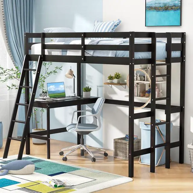 Alt view image 5 of 7 - SlickBlue Twin Size Loft Bed Frame with Desk Angled and Built-in Ladder-Espresso