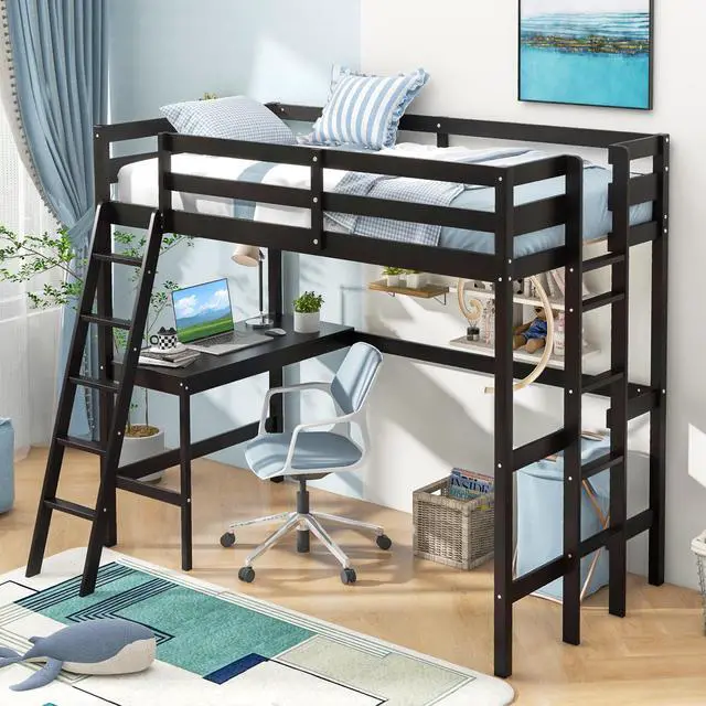 Alt view image 6 of 7 - SlickBlue Twin Size Loft Bed Frame with Desk Angled and Built-in Ladder-Espresso