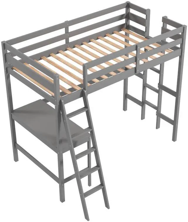Main image of SlickBlue Twin Size Loft Bed Frame with Desk Angled and Built-in Ladder-Gray