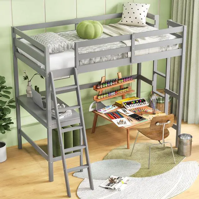 Alt view image 3 of 7 - SlickBlue Twin Size Loft Bed Frame with Desk Angled and Built-in Ladder-Gray