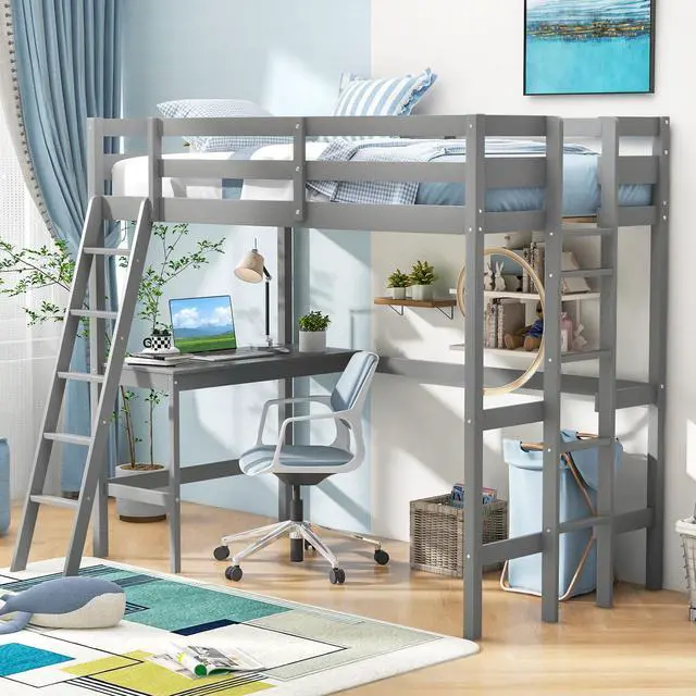 Alt view image 5 of 7 - SlickBlue Twin Size Loft Bed Frame with Desk Angled and Built-in Ladder-Gray
