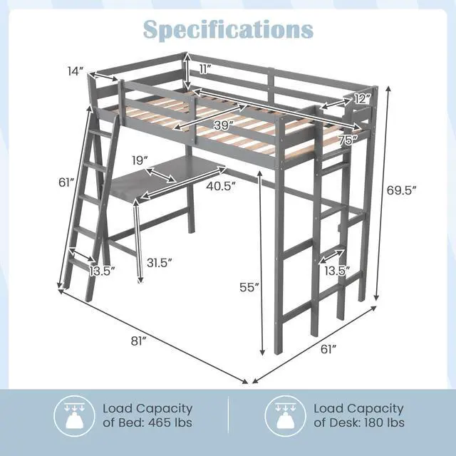 Alt view image 4 of 7 - SlickBlue Twin Size Loft Bed Frame with Desk Angled and Built-in Ladder-Gray