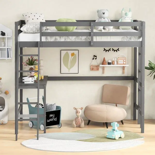 Alt view image 2 of 7 - SlickBlue Twin Size Loft Bed Frame with Desk Angled and Built-in Ladder-Gray