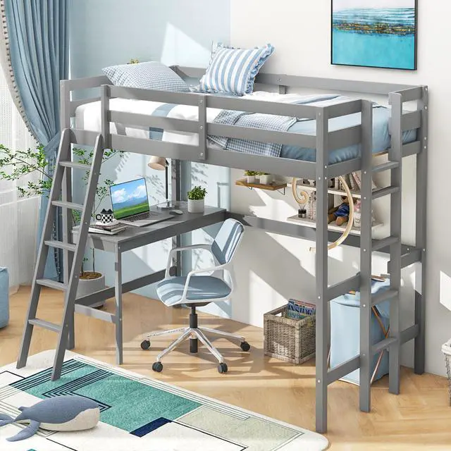 Alt view image 6 of 7 - SlickBlue Twin Size Loft Bed Frame with Desk Angled and Built-in Ladder-Gray
