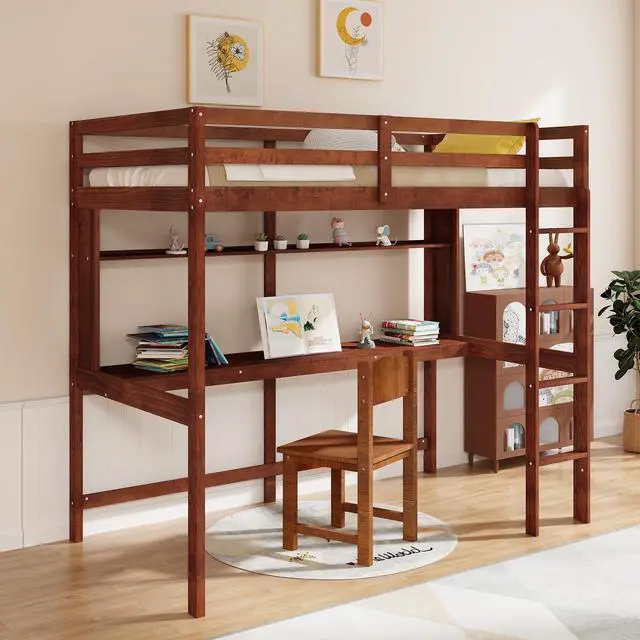 Alt view image 2 of 7 - SlickBlue Twin Size Solid Wood Slatted Loft Bed Frame with Safety Guardrail for Kid-Brown