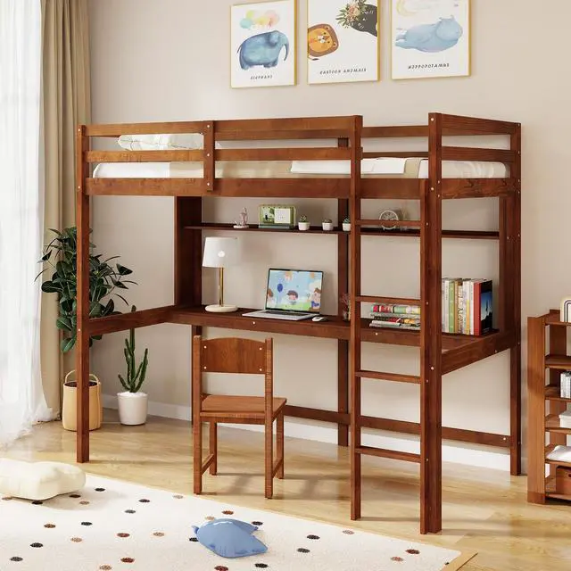 Alt view image 3 of 7 - SlickBlue Twin Size Solid Wood Slatted Loft Bed Frame with Safety Guardrail for Kid-Brown