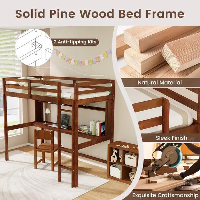 Alt view image 6 of 7 - SlickBlue Twin Size Solid Wood Slatted Loft Bed Frame with Safety Guardrail for Kid-Brown