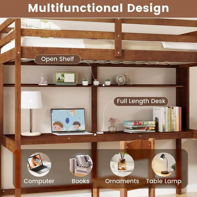 Alt view image 5 of 7 - SlickBlue Twin Size Solid Wood Slatted Loft Bed Frame with Safety Guardrail for Kid-Brown