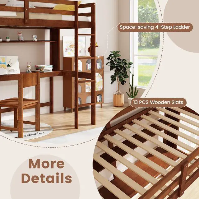 Alt view image 7 of 7 - SlickBlue Twin Size Solid Wood Slatted Loft Bed Frame with Safety Guardrail for Kid-Brown