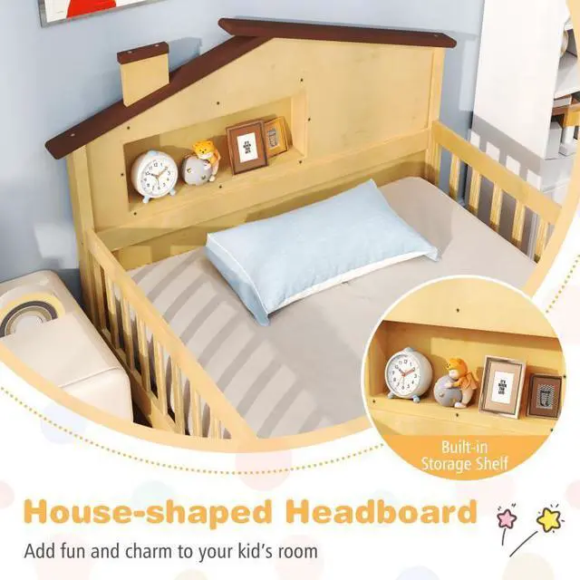 Alt view image 7 of 7 - SlickBlue Twin Size Kids Montessori Bed with House-Shaped Headboard and Built-in Storage Shelf-Natural