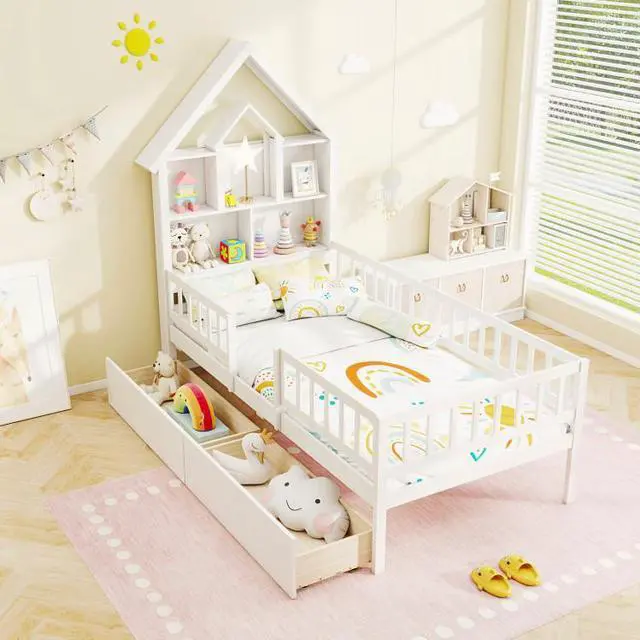Alt view image 2 of 7 - SlickBlue Twin Size House Bed Kids Montessori Bed with House-Shaped Storage Headboard-White